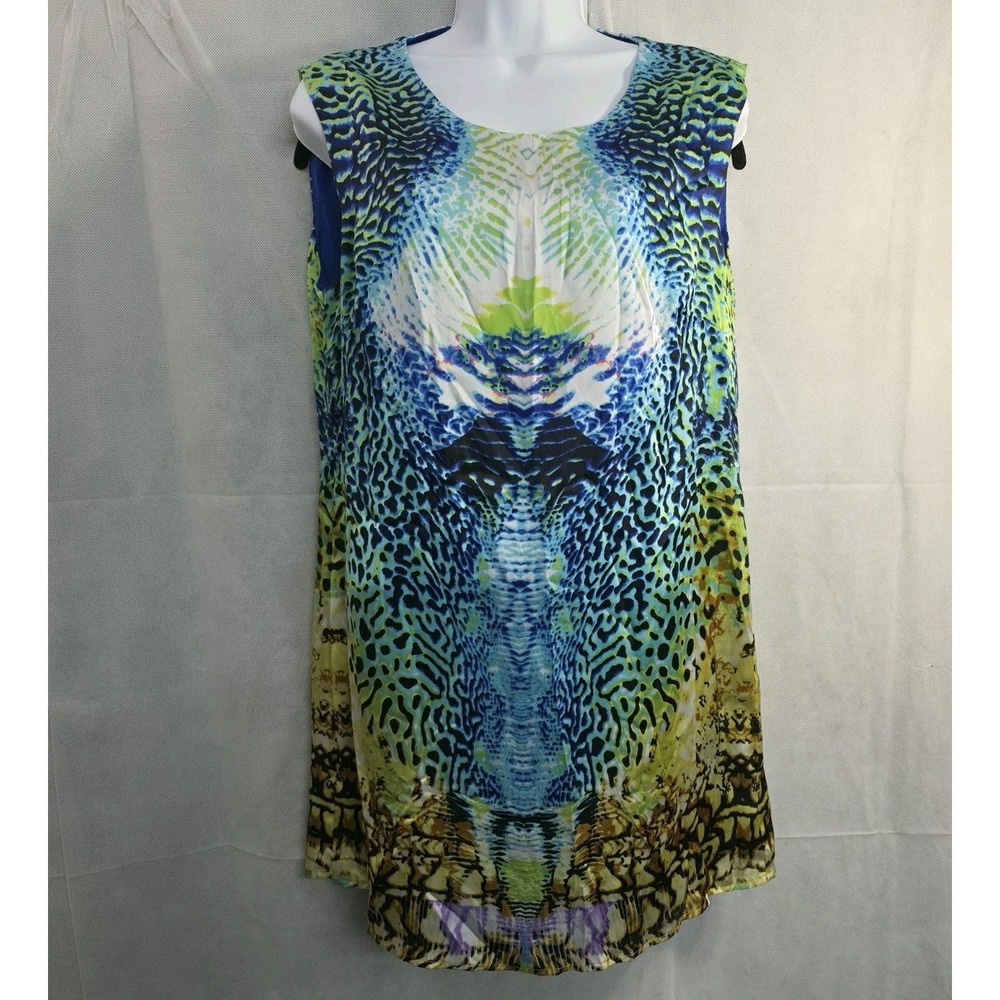 Linea Domani Sleeveless Lined Mini Shift Dress Bright Blue Yellow Animal Print L